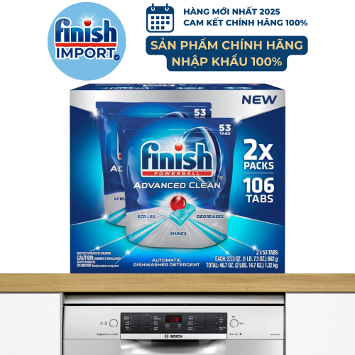Hộp 106 viên (gồm 2 túi 53 viên) rửa chén Finish Quantum Ultimate Advanced Clean - HÀNG MỚI VỀ (Sản xuất mới 2021) – (Dành cho máy rửa chén 13-15 bộ).